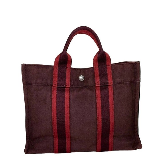 HERMÈS Hermes Canvas Bag Fourre Tout Small Stripe Burgundy Maroon Tote Bag Purse - Picture 1 of 15